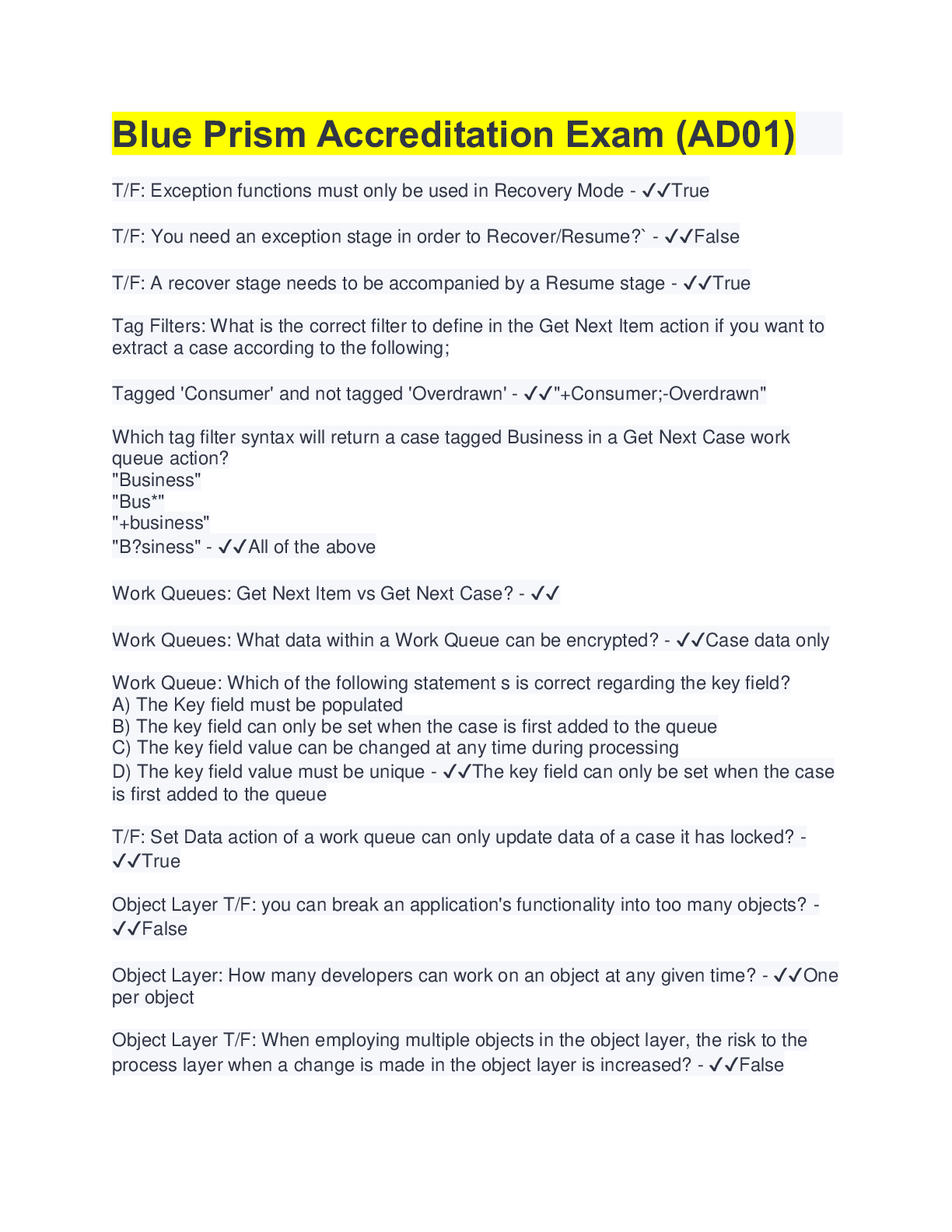 Preview of Blue Prism Accreditation Exam (AD01) | 50 Questions | 100% Correct Answers